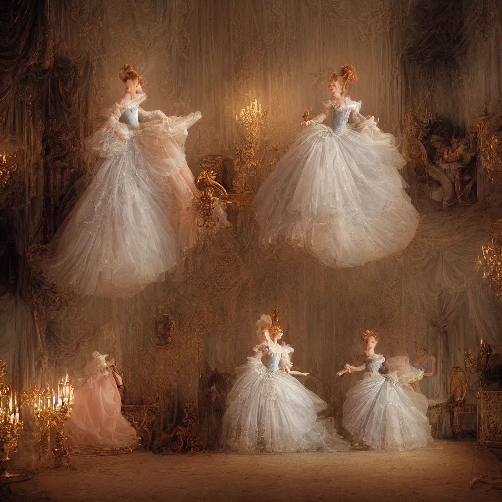 Image similar to cinderella, palace dance, victorian era, dreamy, romantic, night lighting, highly detailed, fashion editorial by jean - honore fragonard, 8 k