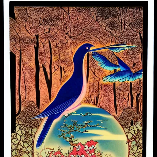 Prompt: by george barbier, by bob eggleton bonsai, luminism passionate, monumental. a beautiful illustration of a bird in its natural habitat. the bird is shown in great detail, with its colorful plumage & intricate patterns. the background is a simple but detailed landscape, with trees, bushes, & a river.