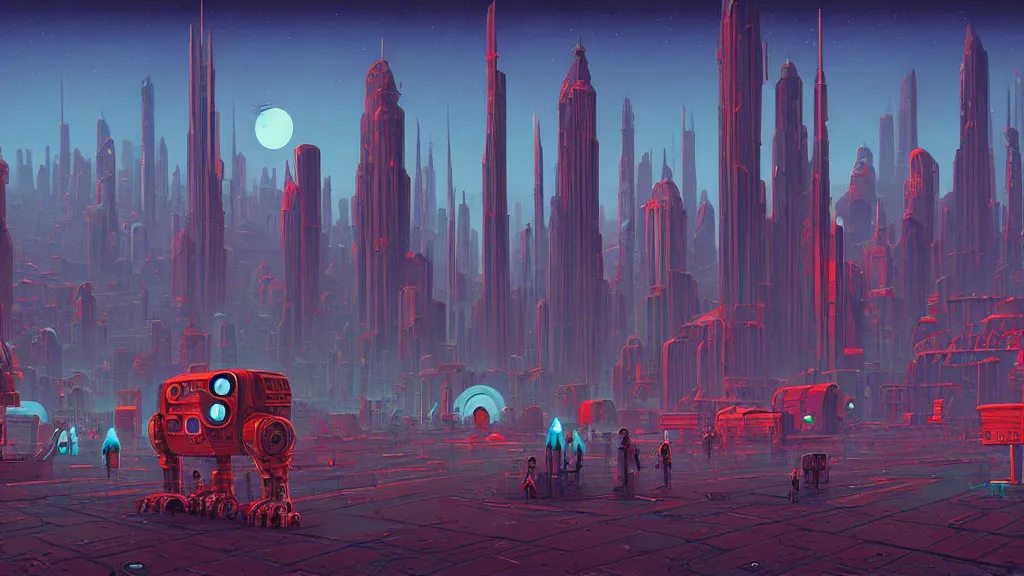 Prompt: retro robot city at the other side of nowhere, sharp digital painting. dreaming latent space. concept art. artstation. casey weldon. digital render. dan mumford. clean retro. bruce pennington.