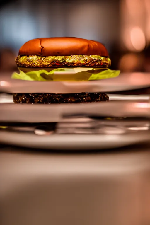 Prompt: an endless burger, symmetry, cinematic, elegant, expensive, luxury materials, perfect light, perfect composition, dlsr photography, sharp focus, 4 k, ultra hd, sense of awe, by tiffany and swarovski