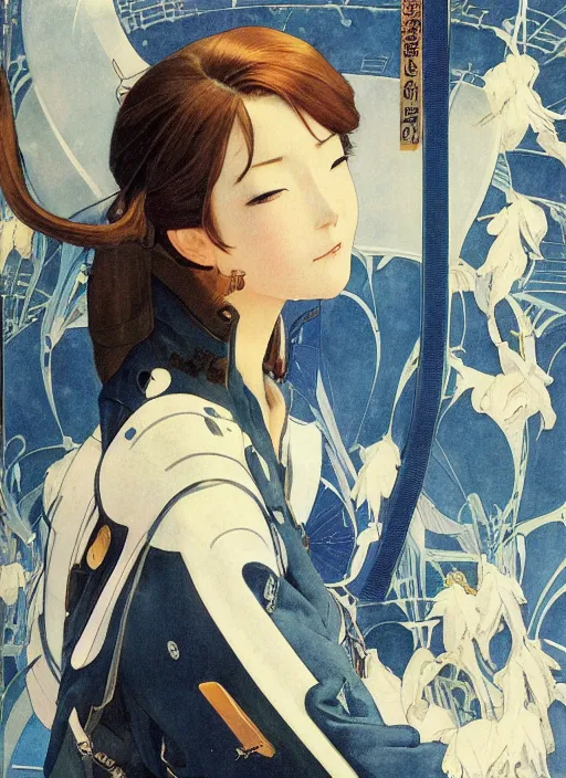 Prompt: a copic maker art nouveau portrait of a japanese anime girl wearing a futuristic balenciaga pilot suit with a puffy kimono by john berkey norman rockwell