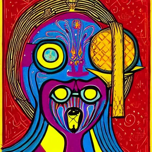 Prompt: a drawing of a colorful masked man's face with long hair, an ultrafine detailed painting by Maryam Hashemi, featured on pixiv, metaphysical painting, woodcut, tarot card