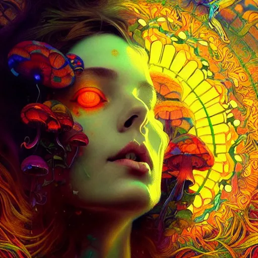 Image similar to An extremely psychedelic experience, colorful, surreal, dramatic lighting, magic mushrooms, psilocybin, LSD, face, detailed, intricate, elegant, highly detailed, digital painting, artstation, concept art, smooth, sharp focus, illustration, art by Krenz Cushart and Artem Demura and alphonse mucha