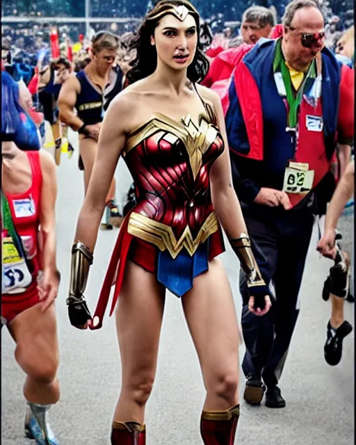 Prompt: gal gadot as wonder woman, at the 2 0 0 - meter starting line, olympic trials, sports photography in the style of neil leifer