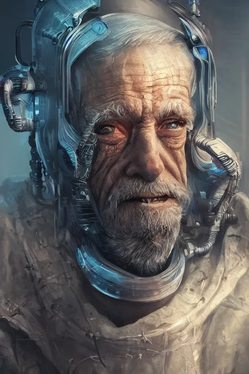 Image similar to ultrarealistic illustration old man cyborg, cyberpunk, sci - fi fantasy, intricate, elegant, highly detailed, digital painting, artstation, concept art