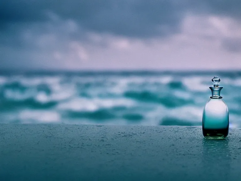 Image similar to cinestill 5 0 d photography of perfume bottle emerging from seafoam with marmelade sky / 4 style of nicholas fols, 2 0 0 mm, mute dramatic colours, soft blur outdoor stormy sea background, volumetric lighting, hyperdetailed, hyperrealistic