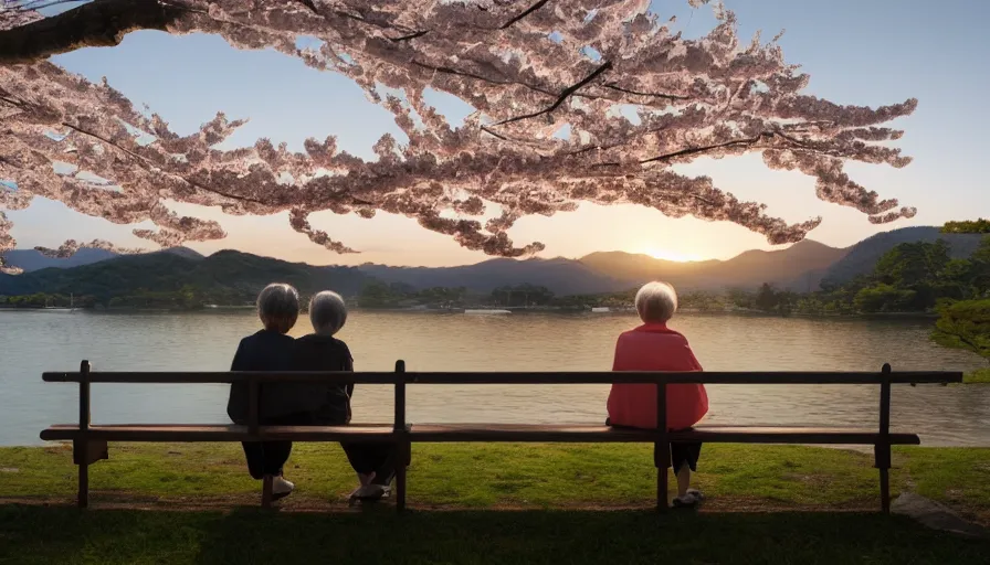 Prompt: back view of an old japanese couple watching sunset while sitting on the bench, cherry blossoms, village in the horizon, lake, paint by osamu tezuka, hyperdetailed, artstation, cgsociety, 8 k
