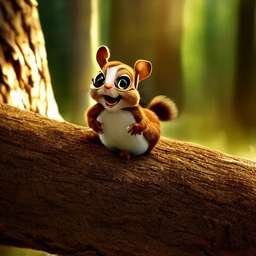 Image similar to very very very very cute Alvin the Chipmunk, portrait, pixar style, forest background, cinematic lighting, award winning creature portrait photography