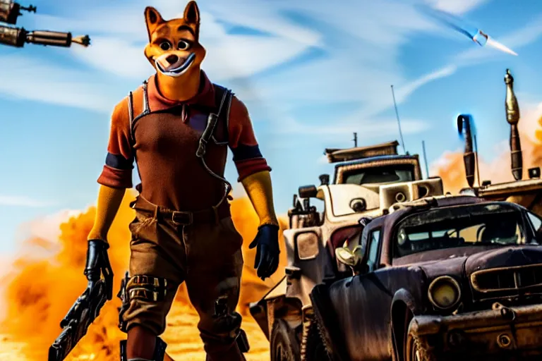 Prompt: nick wilde, heavily armed and armored facing down armageddon in a dark and gritty reboot from the makers of mad max : fury road