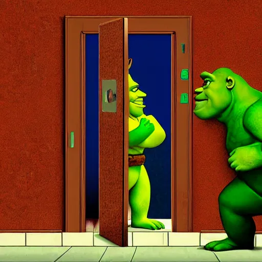 Image similar to digital art of shrek opening toilet door