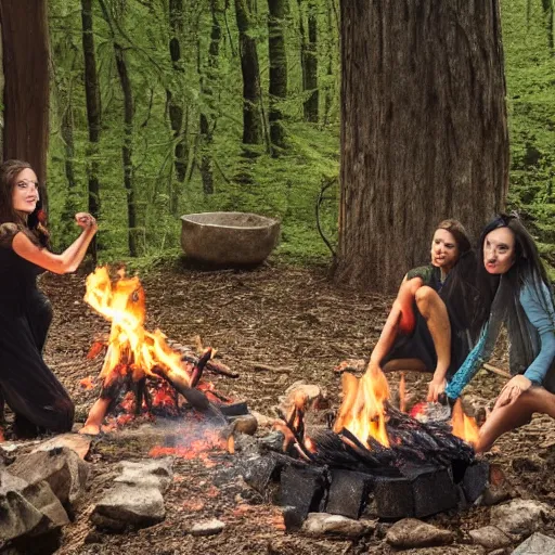 Image similar to and 8 k uhd photo of some witches in the woods with skin and muscle and blood dancing and crawling around a fire pit