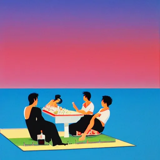 Prompt: a picnic on the beach by hiroshi nagai
