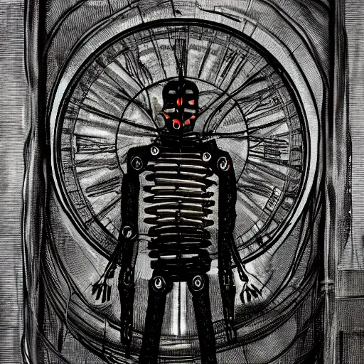 Prompt: clockwork man made of wires and tin, eyes shone bright in the night, bereft of soul and cast without a skin, he shambled and cried a plaintive plight, cinematic, hyper detailed, epic scale, super sharp, rule of thirds.