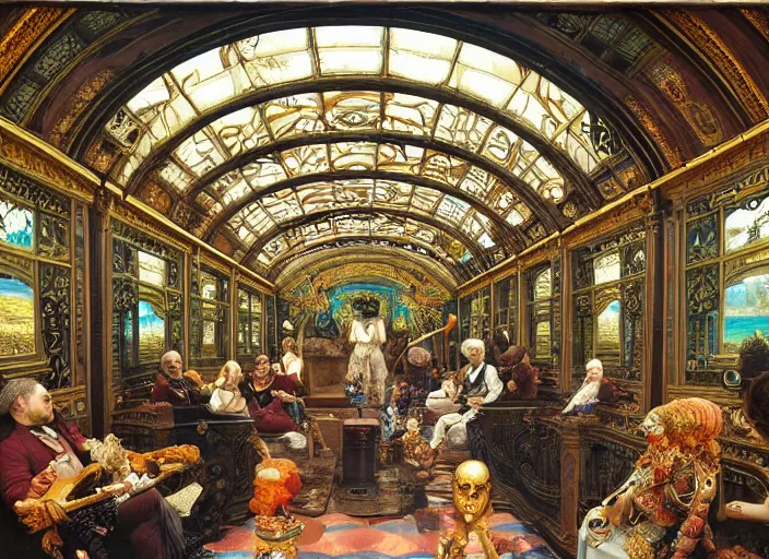 Image similar to incredibly beautiful breaktakingly detailed painting of the inside of the ornate underwater train to atlantis, various amazingly wonderful bizarre cool weird characters sat down, by ford maddox brown and william powell frith and frederic leighton, ultra wide angle, 4 k