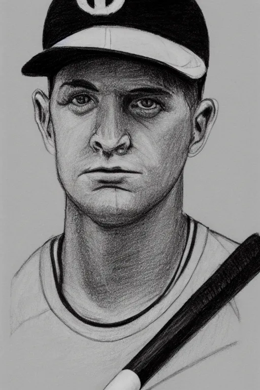 Image similar to drawing of a stoic white baseball player with a black baseball cap, black bat and a striped jersey, white background, black and white, pencil sketch