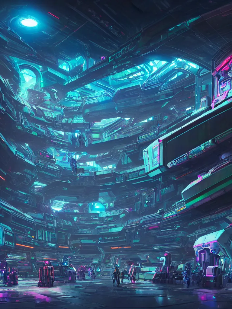 Image similar to the interior of a celestial spaceship cyberpunk hangar in a bioluminescent walls decorated beautifully, lots of cyberpunk design elements like humanoids and mecha robots, warm sunlight shining in, lots of cables and neon signs, concept art 8 k resolution, fantasy illustration, sharp focus, detailed painting, deep color, volumetric lighting, crepuscular rays