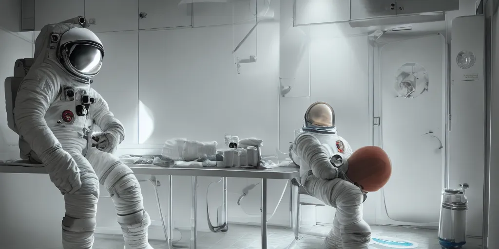Image similar to a beautiful photo of an astronaut sat on a chair in a laundry room, soft light, morning light, photorealistic, realistic, octane, 8k, cinematic shot