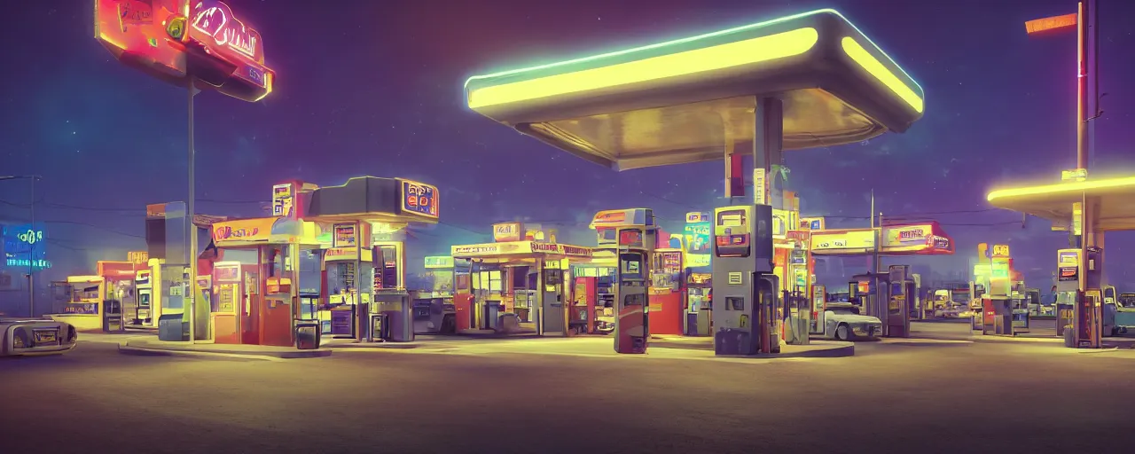 Prompt: a gas station in the night time, vaporwave aesthetic, neon signs, superliminal 8 k uhd, unreal engine, octane render in the artstyle of finnian macmanus, john park and greg rutkowski