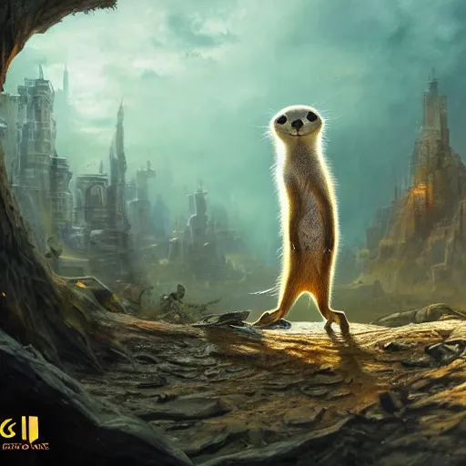 Image similar to Meercat, Anthropomorphized, casting epic spell, magic the gathering artwork, D&D, fantasy, cinematic lighting, centered, symmetrical, highly detailed, digital painting, artstation, concept art, smooth, sharp focus, illustration, volumetric lighting, epic Composition, 8k, art by Akihiko Yoshida and Greg Rutkowski and Craig Mullins, heroic pose, oil painting, cgsociety, magic lab background