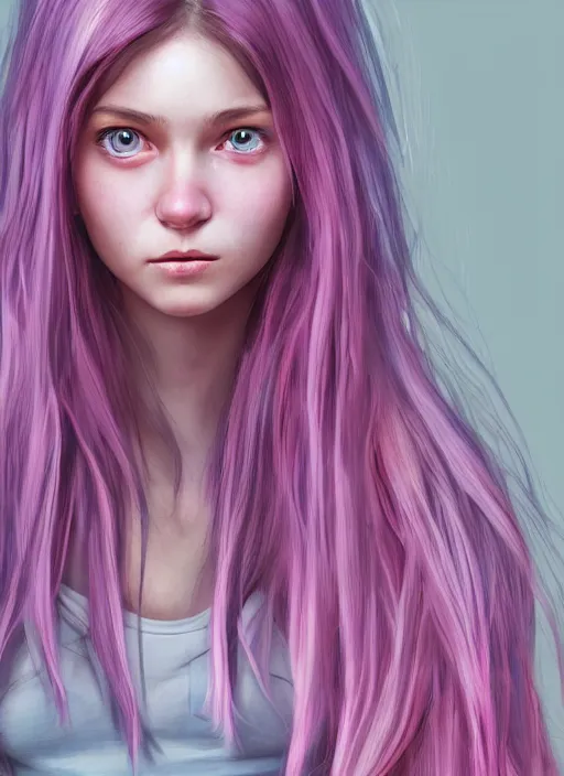 Prompt: highly detailed concept art for the main character in the award winning film named life is better in pink. the character is a unnaturally beautiful teenage girl with deep dark blue eyes and long curled pink dyed hair, wearing light pink clothes. realistic cg render, anatomically correct, high key lighting, trending on art station, vibrant colors.