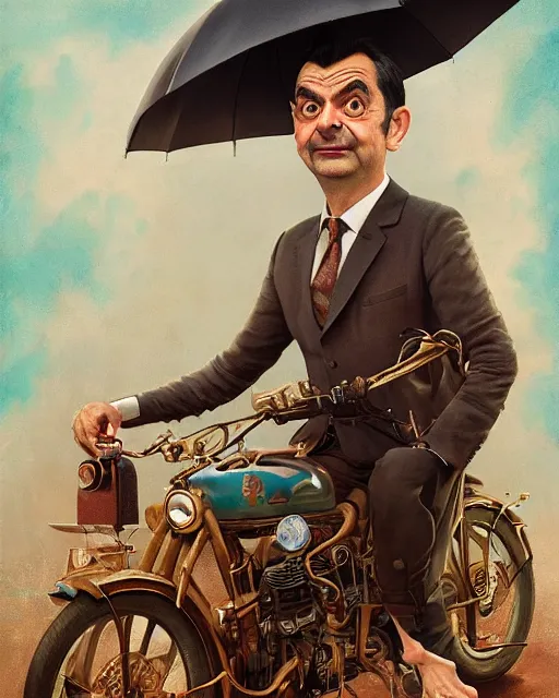 Prompt: vintage mr. bean movie poster by karol bak, james jean, tom bagshaw, rococo, sharp focus, trending on artstation, cinematic lighting, hyper realism, octane render, 8 k, hyper detailed.