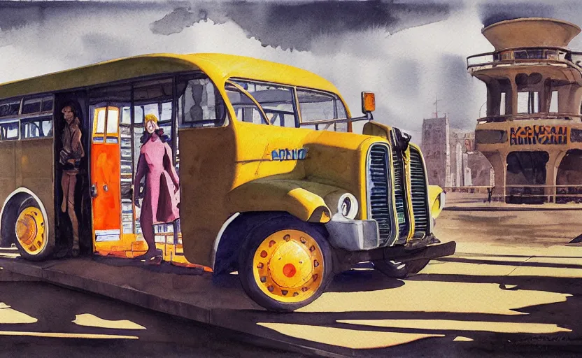 Prompt: bus, colorful watercolor. by rembrant, battle angel alita, ralph mcquarrie, aluminum, 1 6 6 7