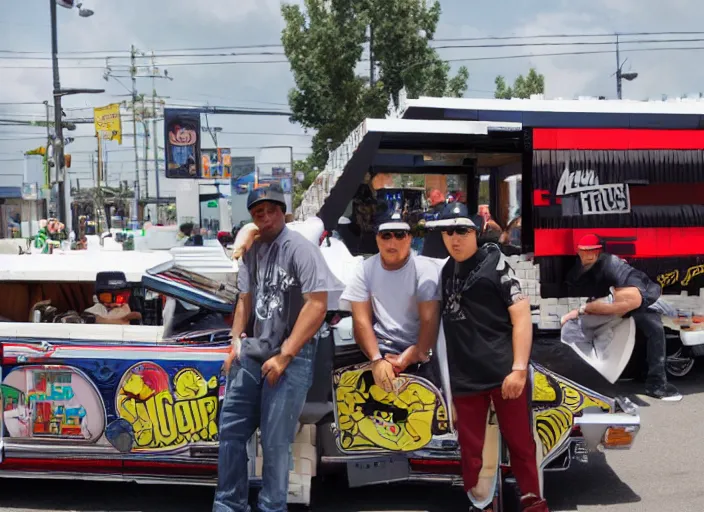 Image similar to nwa in front of a lowrider made by lego