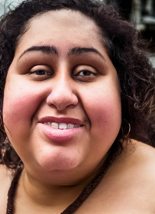Prompt: close up portrait of a beautiful, chubby, 30-year-old Cuban woman, happy, candid street portrait in the style of Martin Schoeller, award winning, Sony a7R