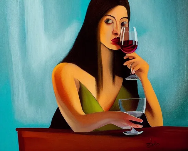 Prompt: portrait of woman with glass of wine sitting in bar, digital painting, aesthetic, smooth, sharp focus, highly detailed painting by salvador dali, 8 k