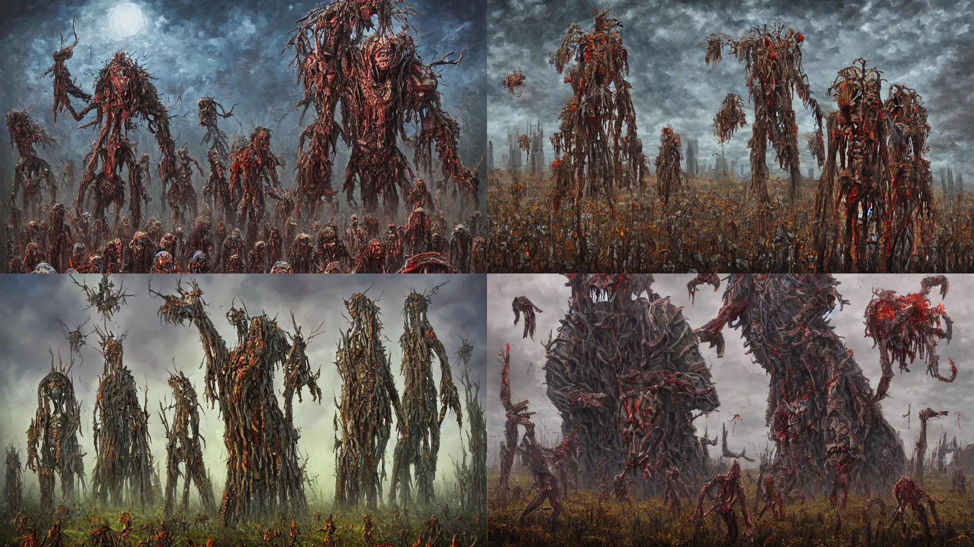 Prompt: towering giant made of zombies, Midwest countryside, award-winning fantasy art, Oil Painting