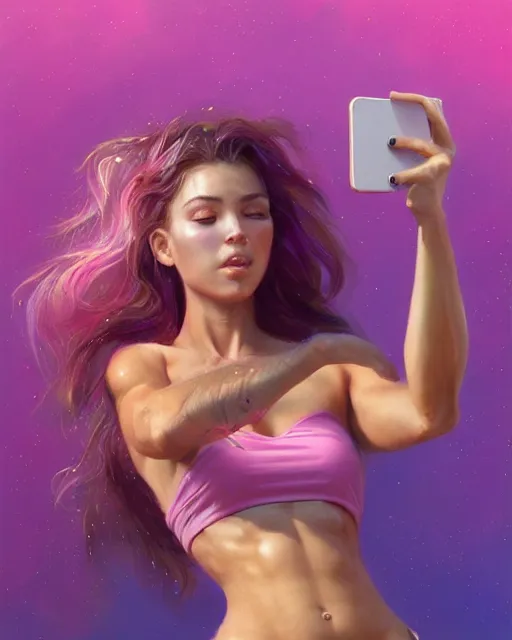 Prompt: female influencer taking a selfie, perfect face, pink halter top, flowing hair, abs, cinematic, stunning, adorable, cute, athletic, strong, agile, highly detailed, psychedelic, digital painting, artstation, smooth, hard focus, illustration, art by jessica rossier and and brian froud