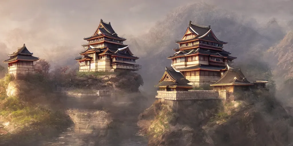 Image similar to A beautiful, perfect, impressive, amazing concept art digital CG painting of a japanese castle, trending on ArtStation, Unreal Engine