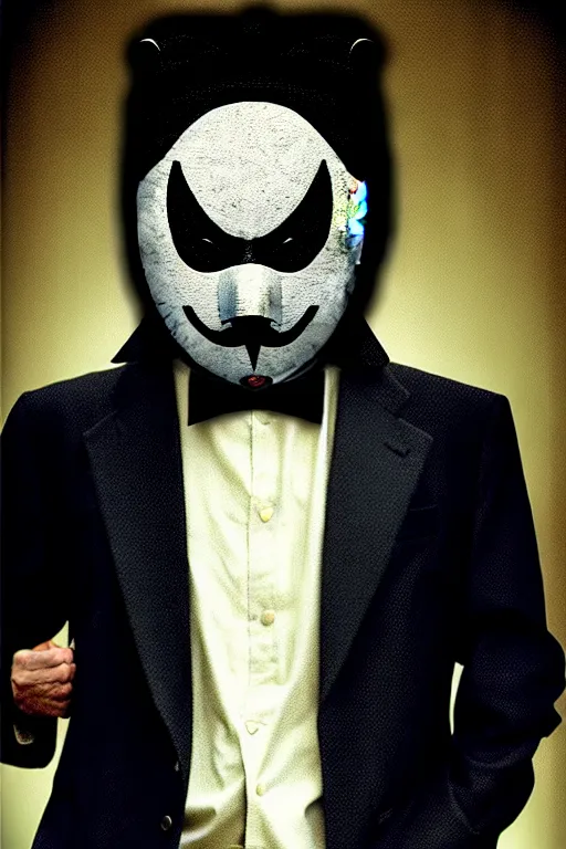 Prompt: businessman wearing a noh mask shishiguchi and pinstripe suit, menacing, character art by tim bradstreet