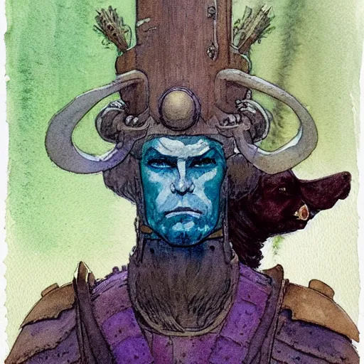 Image similar to a simple and atmospheric watercolour fantasy character concept art portrait of an android soldier with a pomeranian head as a druidic warrior wizard looking at the camera with an intelligent gaze, very muted colors, by rebecca guay, michael kaluta, charles vess and jean moebius giraud