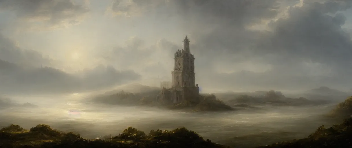 Prompt: an impossibly large tower rising from a sea of mist,evocative,romanticism landscape painting