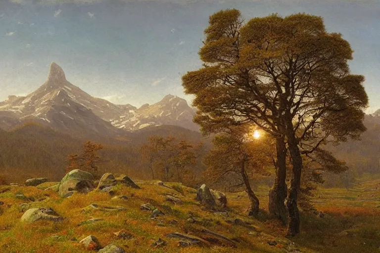 Image similar to runestone, monument, mountains, trees, beautiful nature, very detailed, focused, oil painting, colorful, canvas, artstation, national geographic, Sydney Mortimer Laurence, Albert Bierstadt, Theodor Kittelsen, Hans Dahl, Konstantin Yakovlevich Kryzhitsky