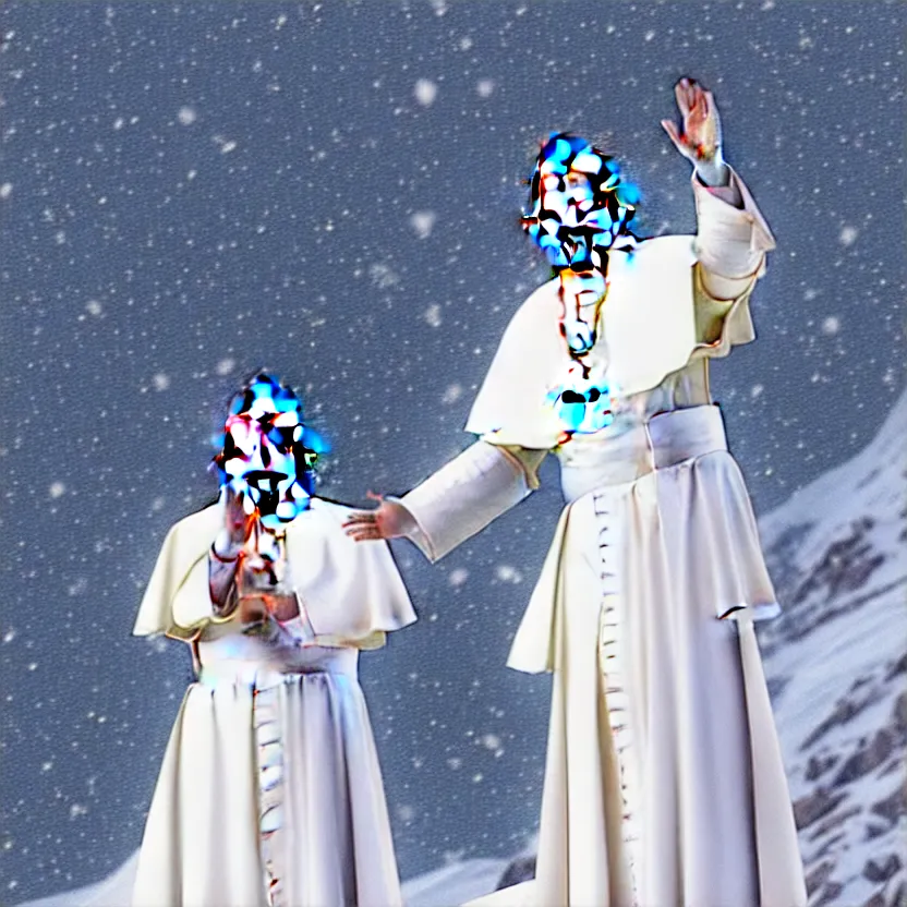 Image similar to pope benedict standing on a snowy mountain slope. skiing. wearing long white dress. blessing with the hand. detailed cloth, detailed face. concept art. matte painting