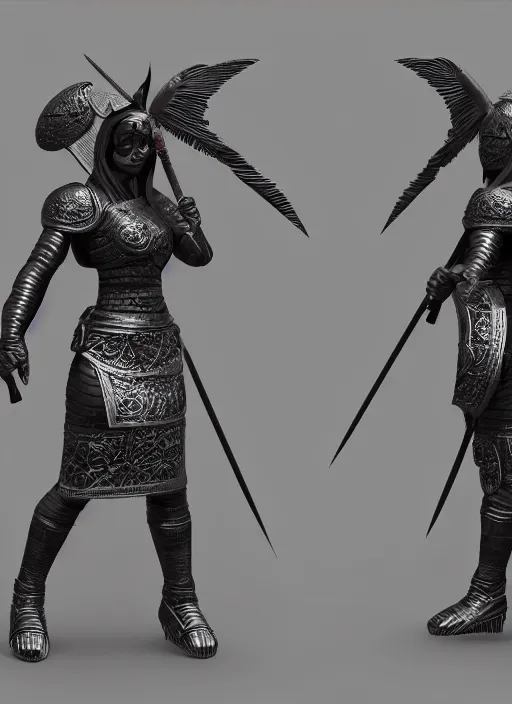 Image similar to a black crest, orthographic, ornament, female warrior's face, a 3 d render by dom qwek, front side views full, trending on polycount, artstation, hard surface modeling, rendered in maya, 3 ds max, blender, hd, vray, berserk blood