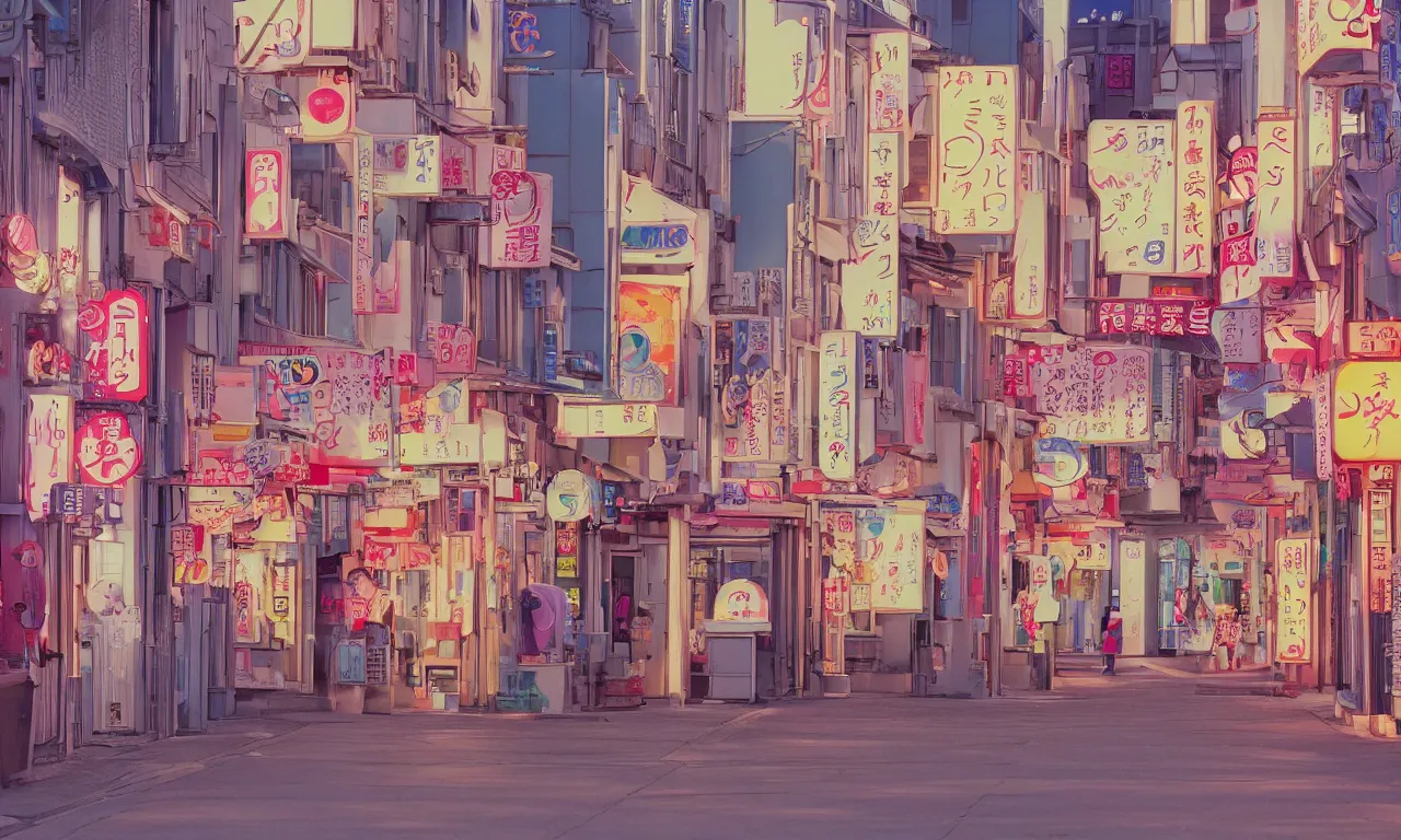 Prompt: A film still from a 1990s Sailor Moon cartoon featuring a cute street in Japan, lofi aesthetic, golden hour, cinematic look, film grain, high detail, high resolution, 8k