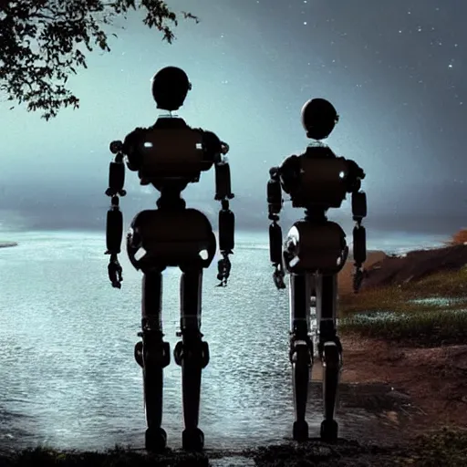 Image similar to Beautiful cinematic scene of a couple of two damaged and broken humanoid robots standing near a river, at night, peaceful, science fiction, cinematic lighting, insanely detailed, directed by Denis Villeneuve and Wes Anderson, filmic
