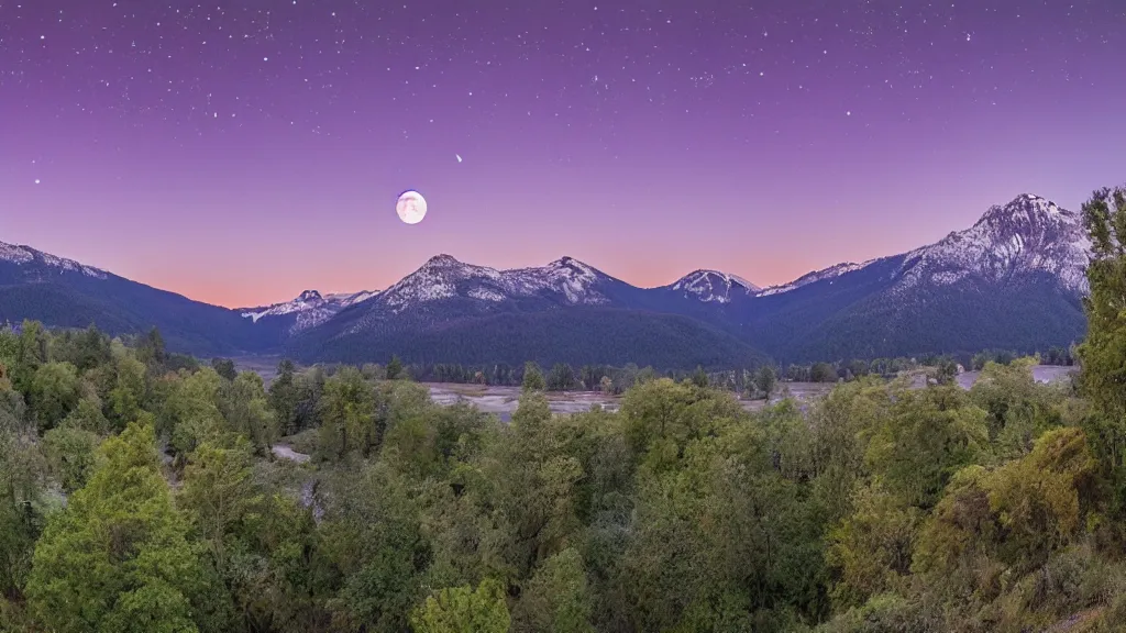 Prompt: Panoramic photo where the mountains are towering over the valley below their peaks shrouded in mist. The moon is just peeking over the horizon and the purple sky is covered with stars and clouds. The river is winding its way through the valley. The tree are a bright blue.