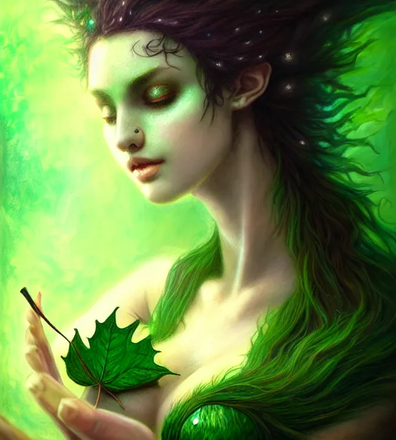 Prompt: beautiful female spriggan wearing green leaf halter top in ancient library, perfect face, dark green leaf hair, with abs, cinematic, blush, stunning, elegant, highly detailed, psychedelic, digital painting, artstation, smooth, hard focus, illustration, art by jessica rossier and and brian froud