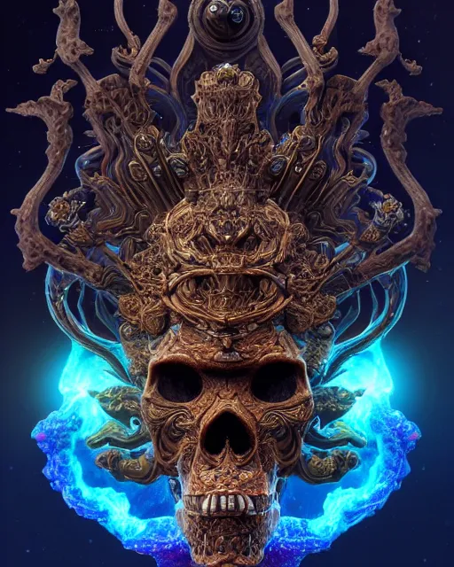 Image similar to 3 d ornate carved dark cosmic king with profile portrait, sigma 5 0 0 mm f / 5. beautiful intricate highly detailed quetzalcoatl skull. bioluminescent, plasma, lava, ice, water, wind, creature, thunderstorm! artwork by tooth wu and wlop and beeple and greg rutkowski, 8 k trending on artstation