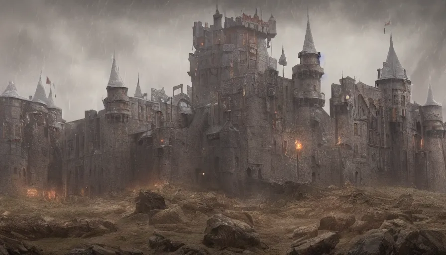 Prompt: Cinematic view of a huge medieval castle built on a wasteland, grey sky and rain, hyperdetailed, artstation, cgsociety, 8k