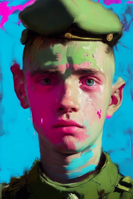 Image similar to portrait of a young soldier boy nor living in a death postapoliptic world, painted in acrylic, in the colors hot pink and cyan, beautiful realistic face, rule of thirds, dutch soldier outfit, spotlight, by greg rutkowski, by jeremy mann, by francoise nielly, by van gogh, digital painting