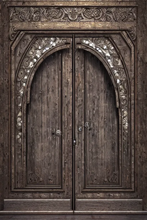 Image similar to a huge old weathered dark wooden door made with bright metallic rush plant ornaments, ornate, fantasy, photorealistic, octane render, volumetric light, high definition, ultra detailed, trandind on artstation, midjourney