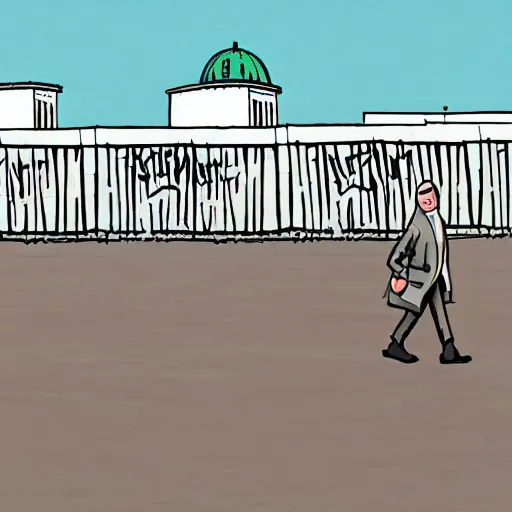 Prompt: storyboard frame of pov of a man walking on the berlin wall