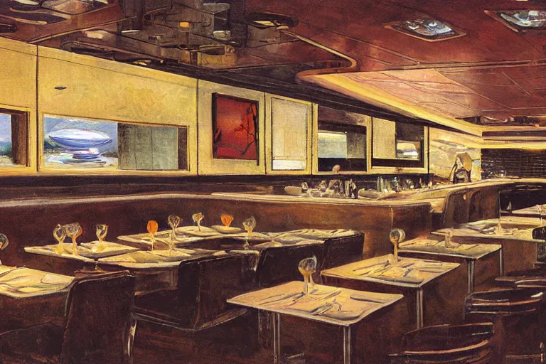 Prompt: interior view of the restaurant at the end of the universe, fine dining, by Chriss Foss
