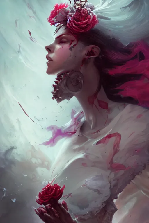 Prompt: beautiful girl necromancer covered with blood heaven clouds and storm, 3 d render, hyper realistic detailed portrait, holding magic flowers, scifi, fantasy, hyper detailed, octane render, concept art, peter mohrbacher, artgerm, ruan jia, wlop