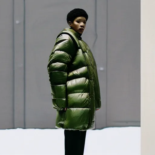 Image similar to realistic! photoshoot for a new balenciaga lookbook, color film photography, portrait of a beautiful woman wearing a puffer jacket, photo in style of tyler mitchell, 35mm